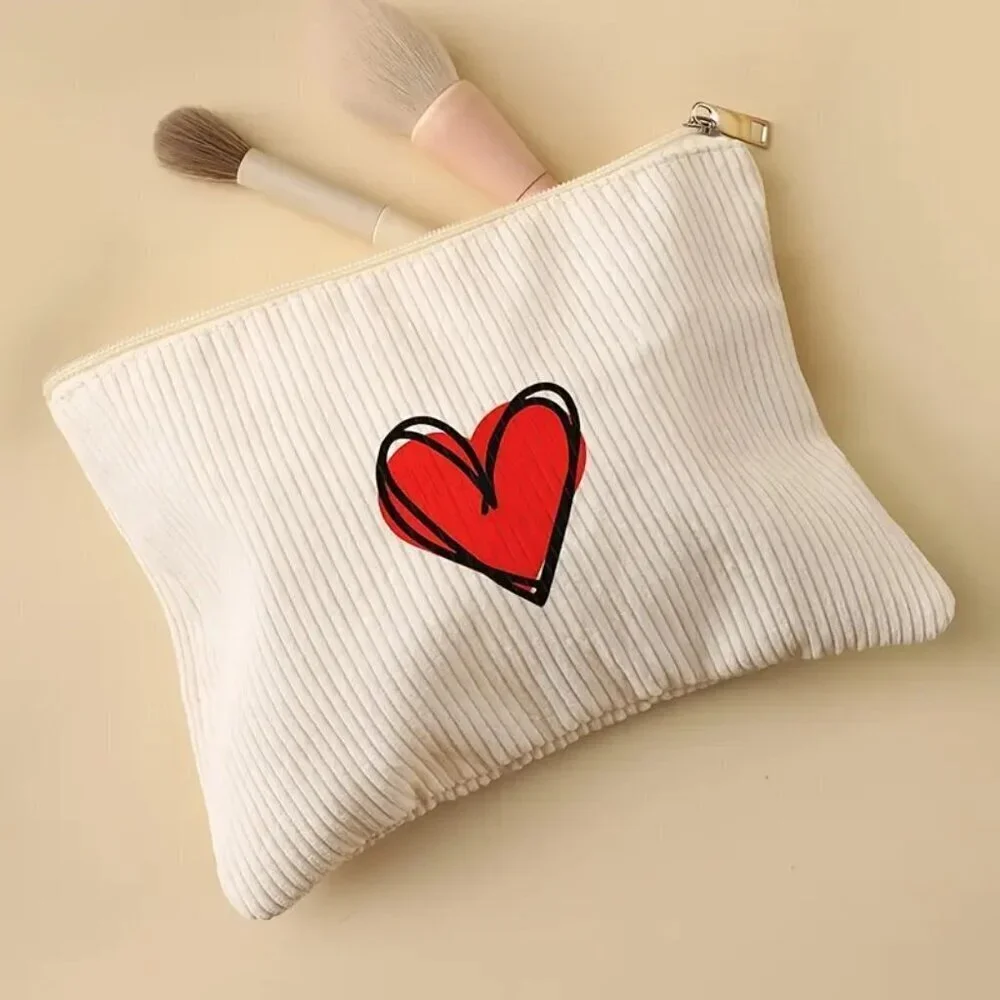 Red Love Print Corduroy Makeup Bag